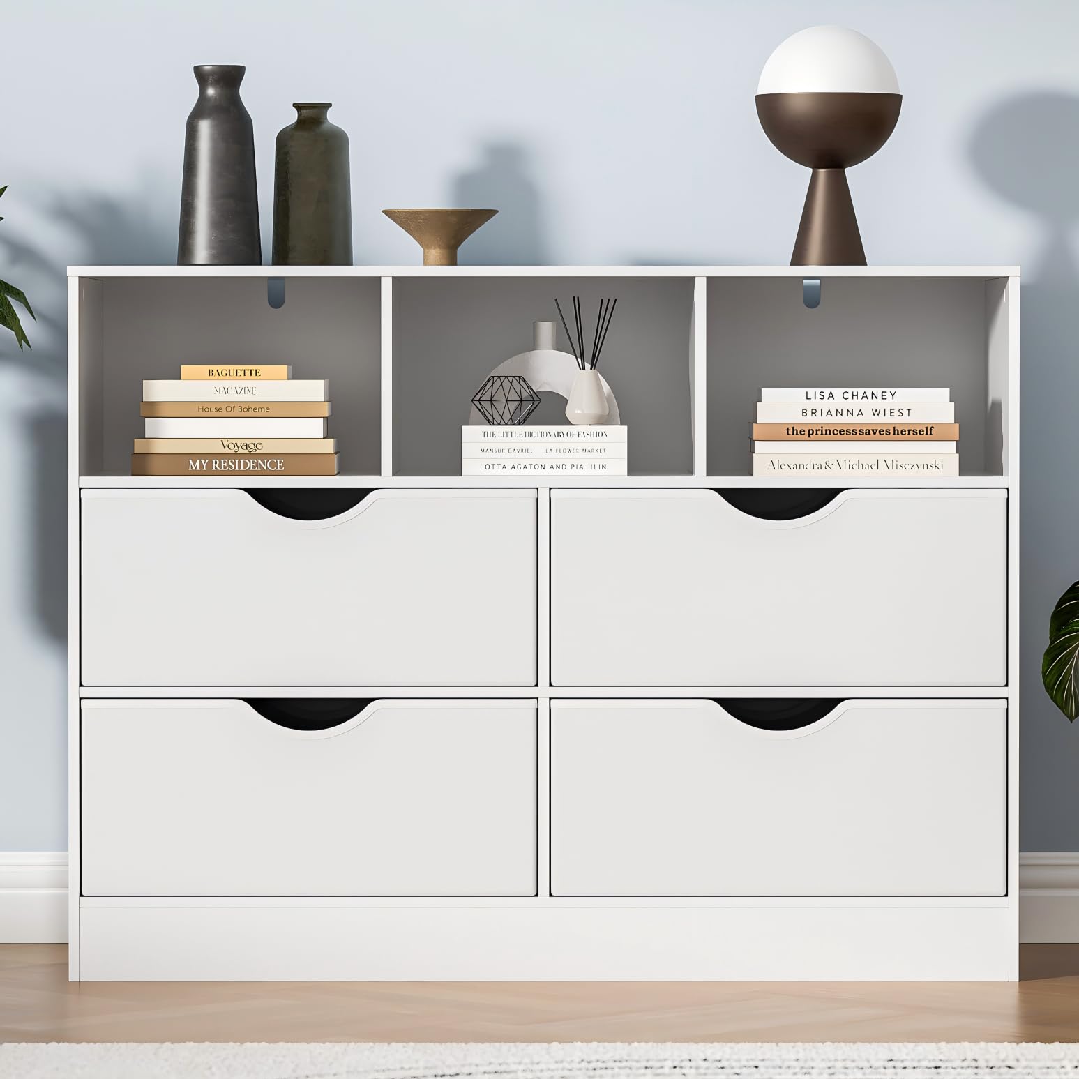 Housoul 4 Drawers Dresser with Open Cube, Chest of Drawers, Dresser for Bedroom, Fabric PU Drawer Dresser, White Dresser with Large Organizer, Closet Dresser with 4 Drawers, White