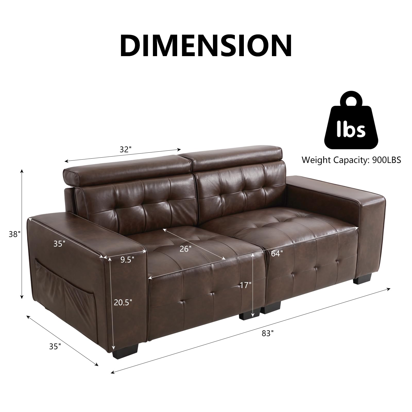 WARM HARBOR 84" Modern Sofas for Living Room, Faux Leather Loveseat Couch with Adjustable Headrest, Wide Armrest, Easy to Install(84in, Brown)