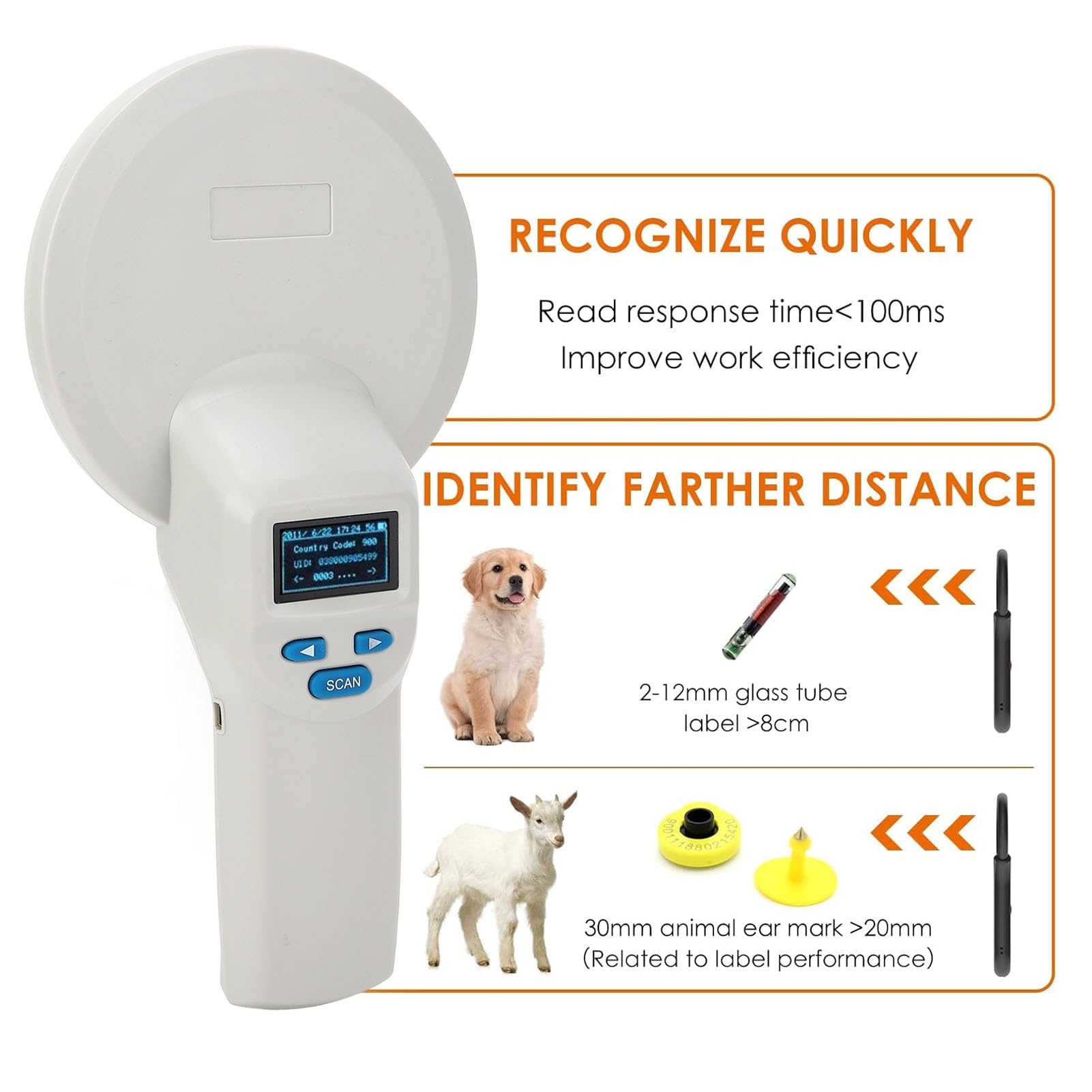 Fockety Pet Microchip Scanner, Animal Microchip Reader Animal Tag Scanner with Large OLED Display, Chip ID Scanner for Animal Pets Pigs Dogs Cats, Long Reading Distance