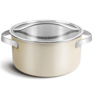 cyrder dutch oven pot with lid - non toxic, ptfe & pfoa free - 5-ply 18/10 stainless steel - oven safe & stovetop agnostic - 5.5 qt 9.5" cream