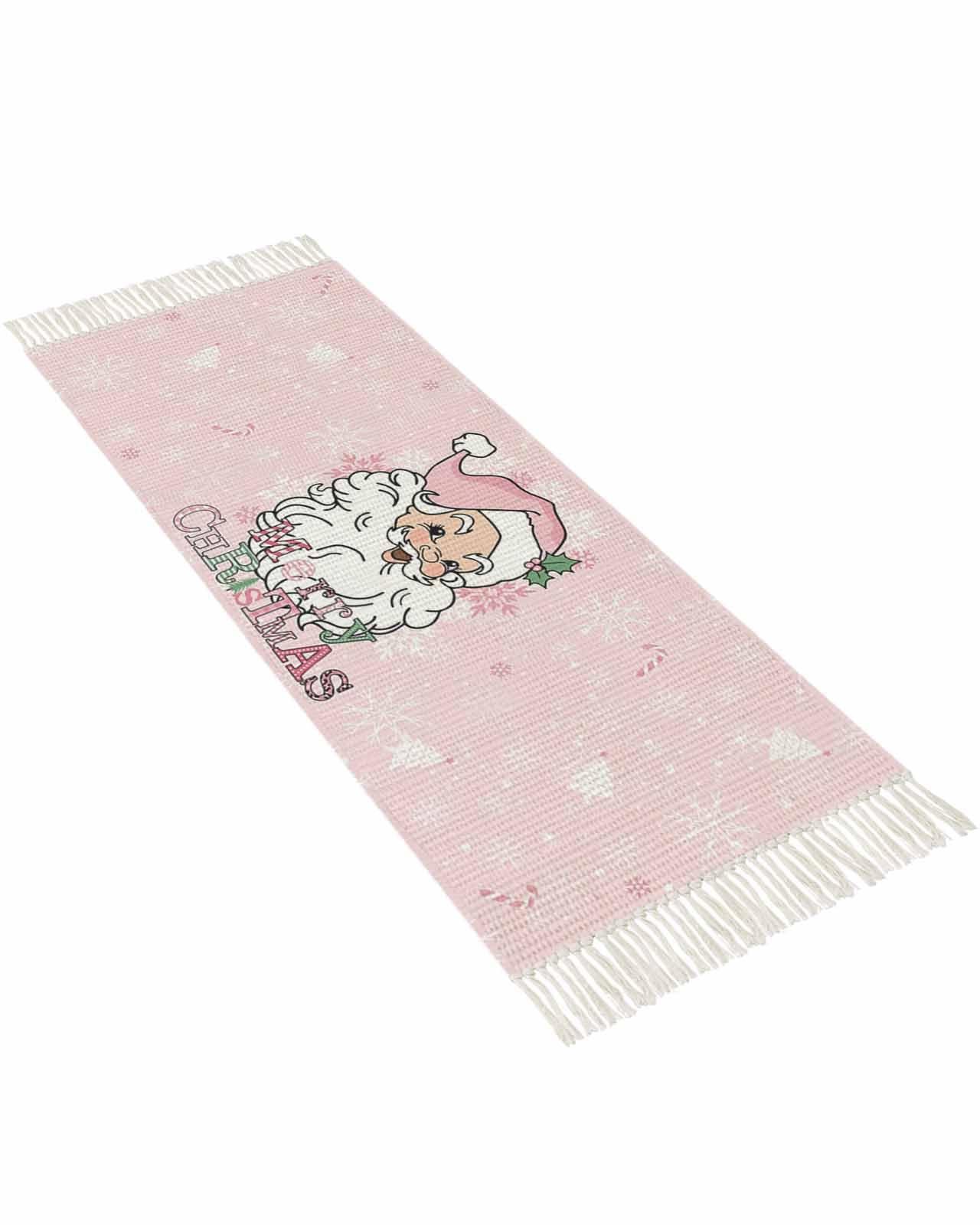 Runner Rug for Hallway 2x6ft, Merry Christmas Cute Pink Santa Washable Runner Rugs with Tassels Woven Floor Carpet Runners for Hallways Kitchen Laundry Entryway