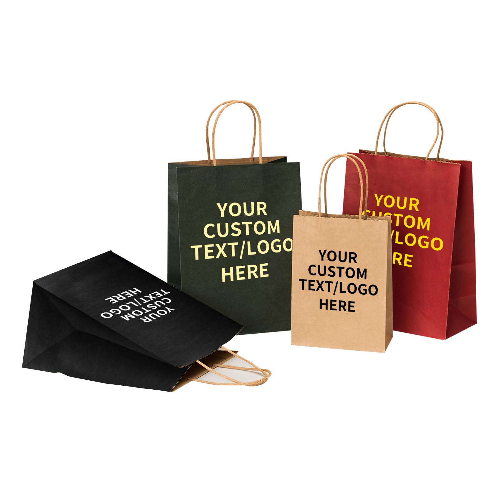 RACETOP 50 PCS Custom Kraft Paper Bags with Logo for Small Business, 8x4.5x10.8 Inch Medium Size, Personalized Gift Bags, Brown Shopping Paper bag with Handle Bulk, White Goodie Bags