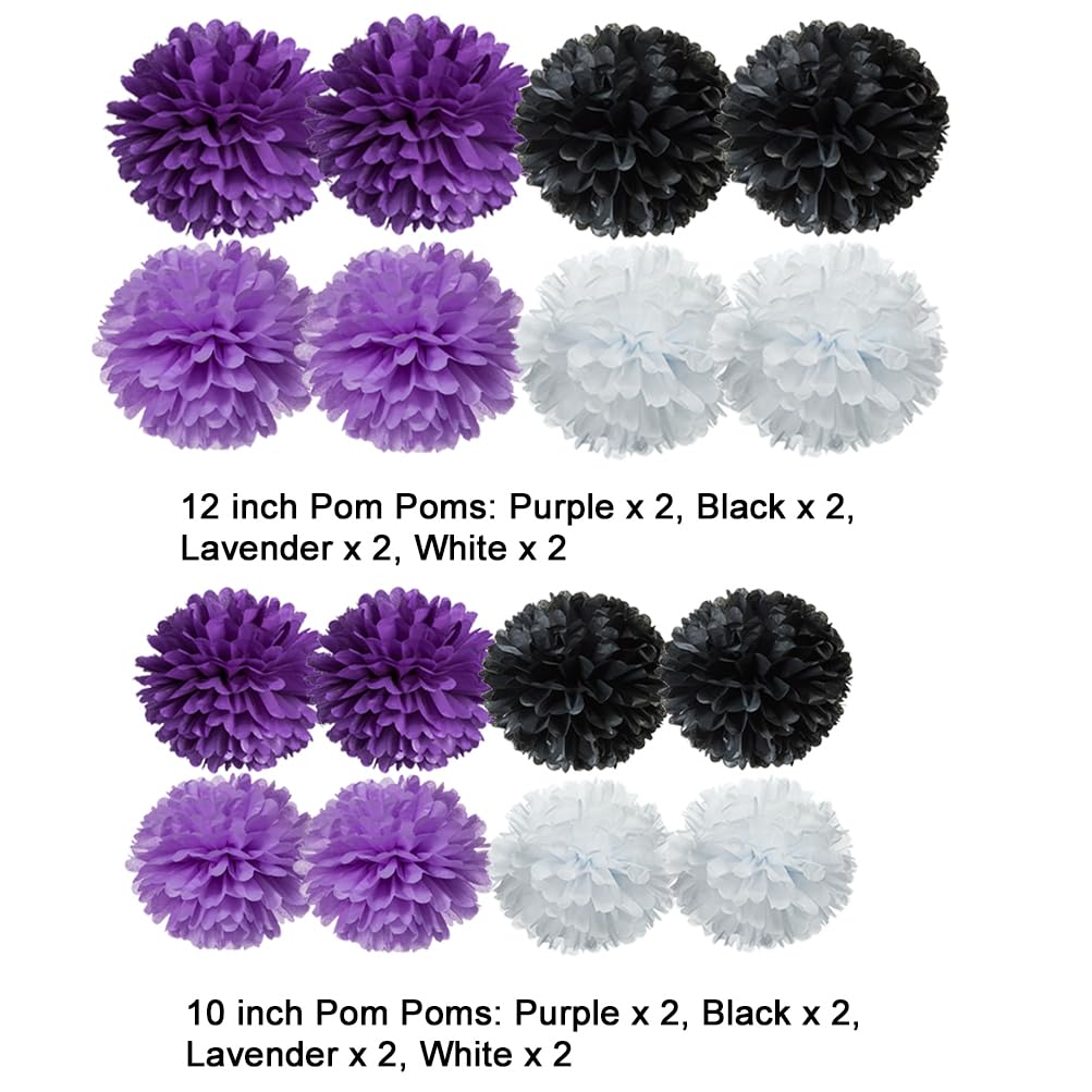 AWELL Purple Black White and Lavender Paper Pom Poms Tissue Flower for Birthday Graduation Retirement Halloween Party Decoration, 16 Counts