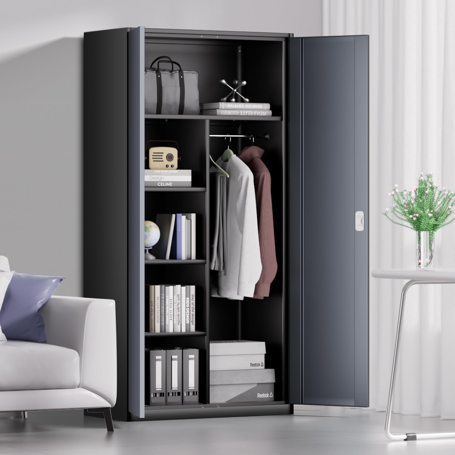 DNA MOTORING Metal Storage Cabinet, 72" Storage Wardrobe with Lock and Hanging Rod, Locking Cabinet Heavy Duty Utility Cabinet with 4 Shelves for Garage,Office,Home,Gym, Gray Black, TOOLS-00633-GY-BK