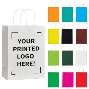 racetop 50 pcs custom kraft paper bags with logo for small business, 8x4.5x10.8 inch medium size, personalized gift bags, brown shopping paper bag with handle bulk, white goodie bags