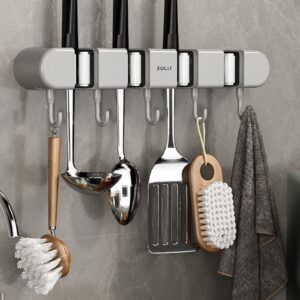 ZLHETWT 3Pcs Broom Mop Holder with Hooks, Wall Mounted Mop Holder Hanger Non Perforated Plastic Broom Storage Rack Adhesive Design Mop Broom Organizer for Bathroom Kitchen Garage