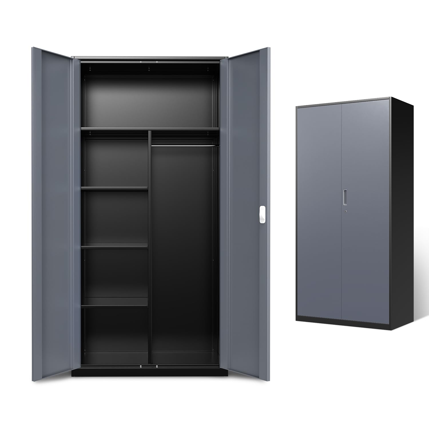 DNA MOTORING Metal Storage Cabinet, 72" Storage Wardrobe with Lock and Hanging Rod, Locking Cabinet Heavy Duty Utility Cabinet with 4 Shelves for Garage,Office,Home,Gym, Gray Black, TOOLS-00633-GY-BK