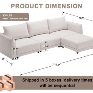 QIUKIU Convertible Sectional Sofa with Ottoman, Chenille L Shaped 3 Seat Modular Sectional Sofa Couch with Mobile Footsool, Modern Upholstered Sofa with Arm for Living Room, Apartment, Office, White