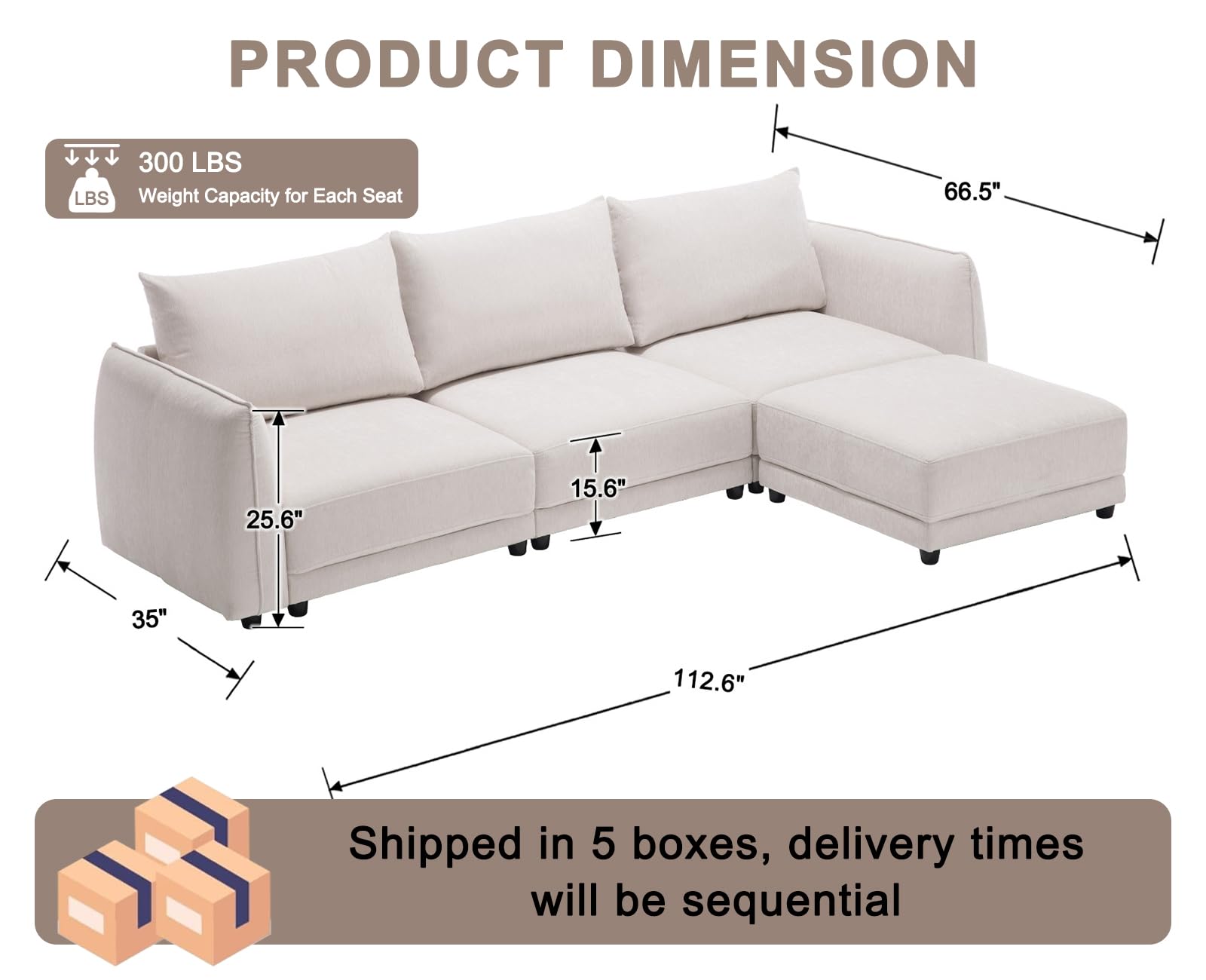 QIUKIU Convertible Sectional Sofa with Ottoman, Chenille L Shaped 3 Seat Modular Sectional Sofa Couch with Mobile Footsool, Modern Upholstered Sofa with Arm for Living Room, Apartment, Office, White