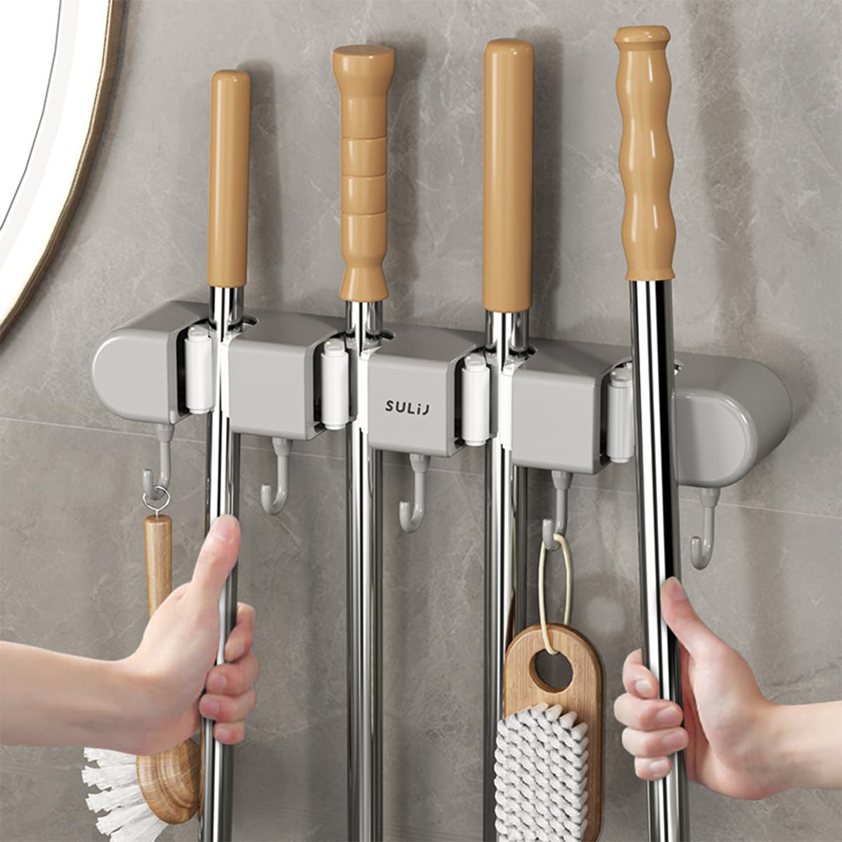 ZLHETWT 3Pcs Broom Mop Holder with Hooks, Wall Mounted Mop Holder Hanger Non Perforated Plastic Broom Storage Rack Adhesive Design Mop Broom Organizer for Bathroom Kitchen Garage