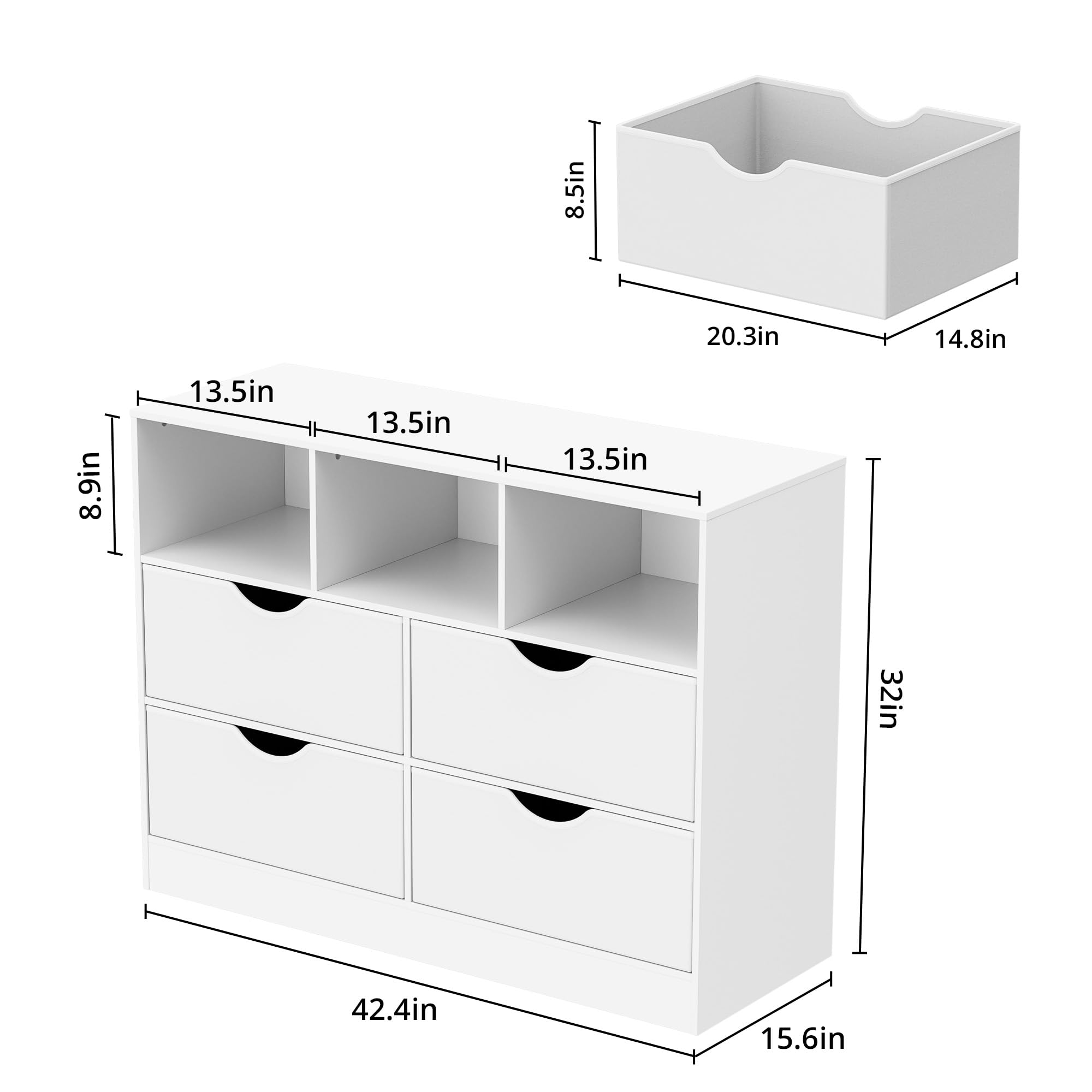 Housoul 4 Drawers Dresser with Open Cube, Chest of Drawers, Dresser for Bedroom, Fabric PU Drawer Dresser, White Dresser with Large Organizer, Closet Dresser with 4 Drawers, White