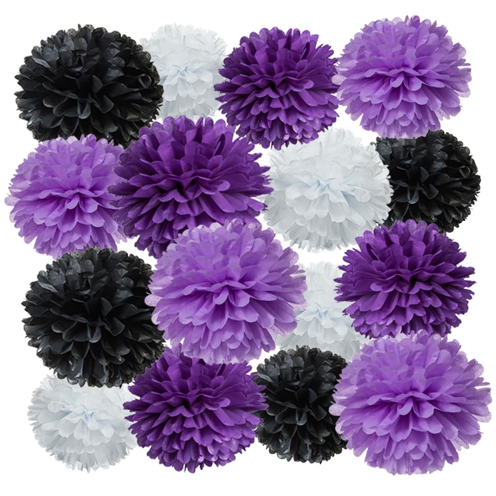 AWELL Purple Black White and Lavender Paper Pom Poms Tissue Flower for Birthday Graduation Retirement Halloween Party Decoration, 16 Counts