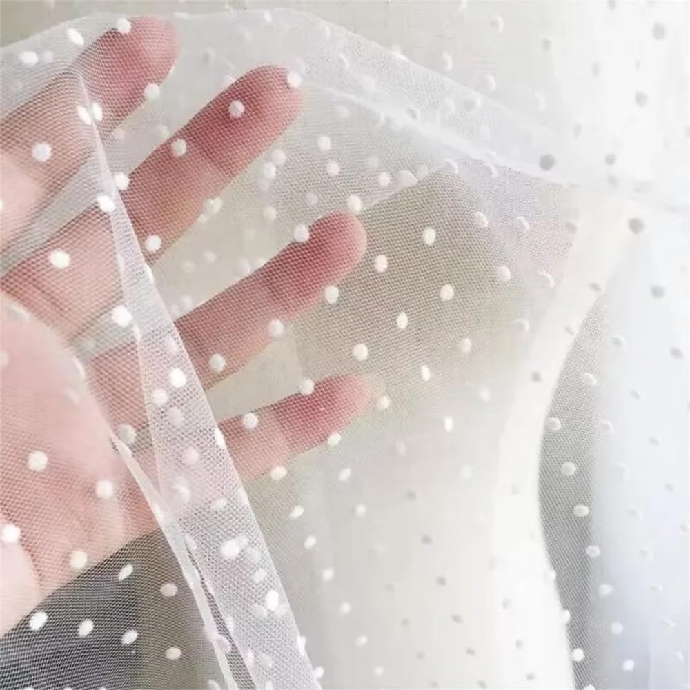 59 Inch White Polka Dot Tulle Spotted Mesh Soft Stretch Fabric Suitable for DIY Handmade Doll Butterfly Wedding Veil Costume Dress Craft Sewing (White, 1 Yard)