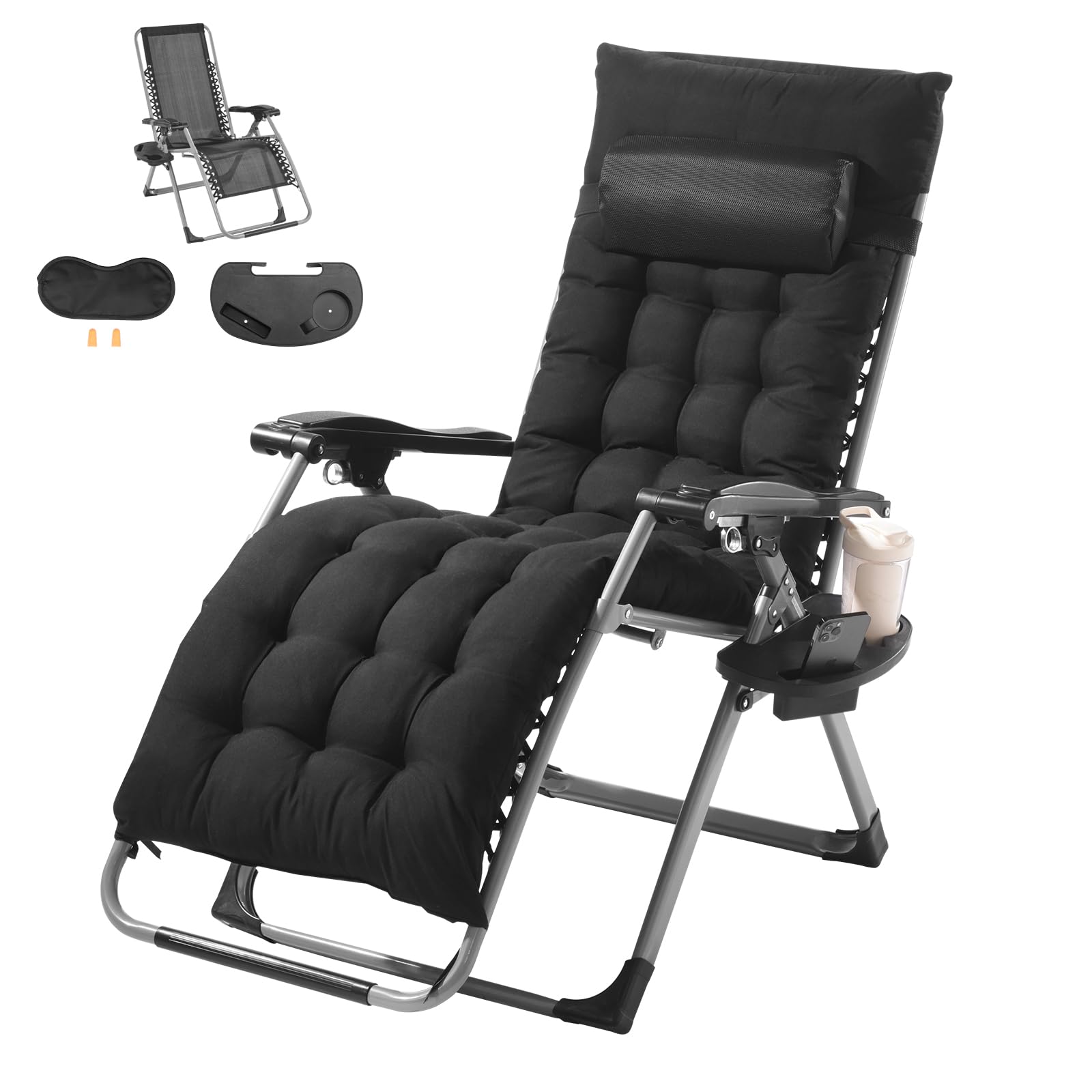 VEVOR Zero Gravity Chair, 26 inch Zero Gravity Recliner Lounge Chair for Indoor and Outdoor, Adjustable Anti Gravity Chair with Cushion, Headrest, Footrest, and Cupholder, 500 lbs, Black