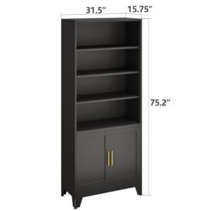 AUEYTVR Bookshelf with Doors, 75" Metal Tall Bookcase with Doors and 3 Tier Adjustable Shelves, Display Cabinet for Living Room, Bedroom, Office (Black)