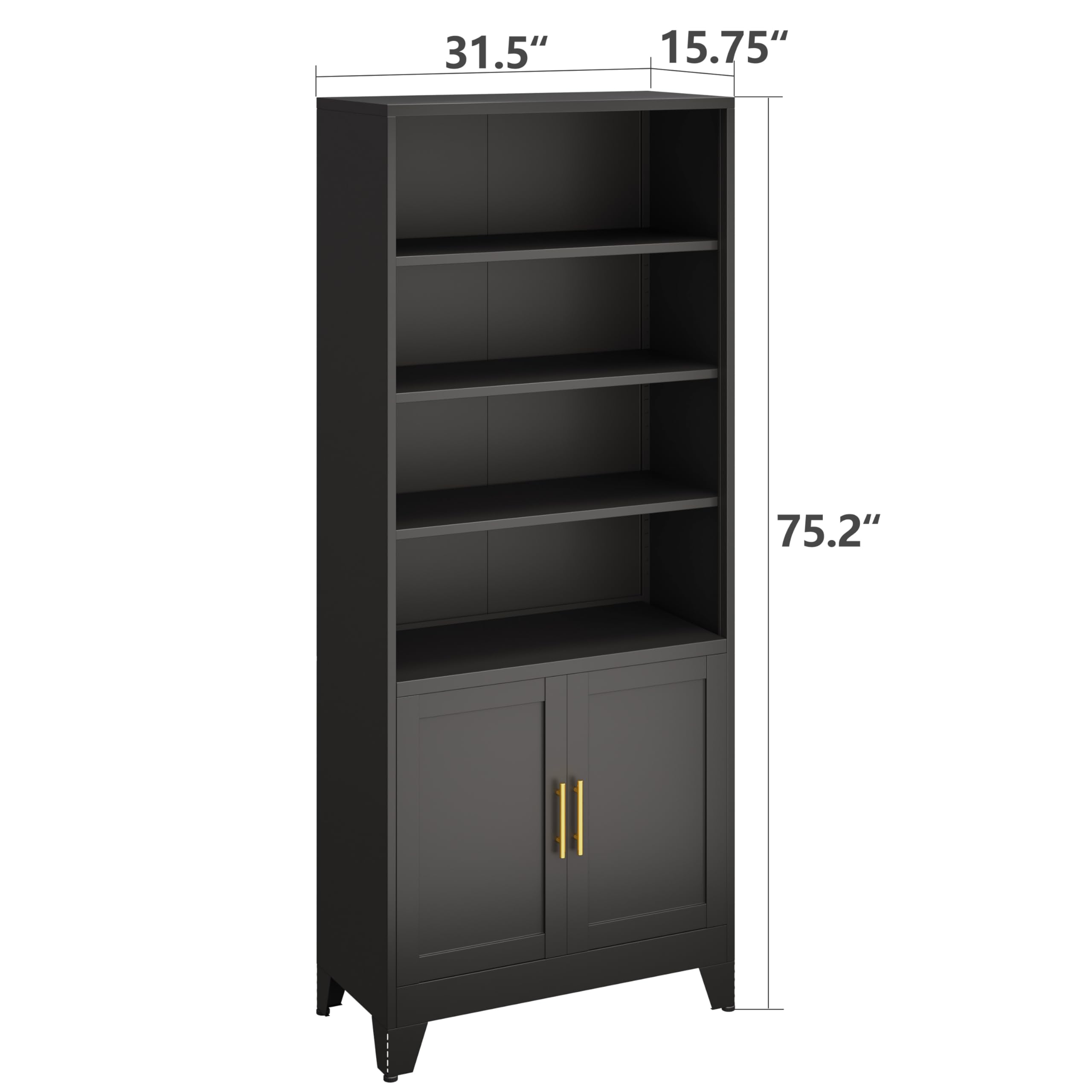 AUEYTVR Bookshelf with Doors, 75" Metal Tall Bookcase with Doors and 3 Tier Adjustable Shelves, Display Cabinet for Living Room, Bedroom, Office (Black)