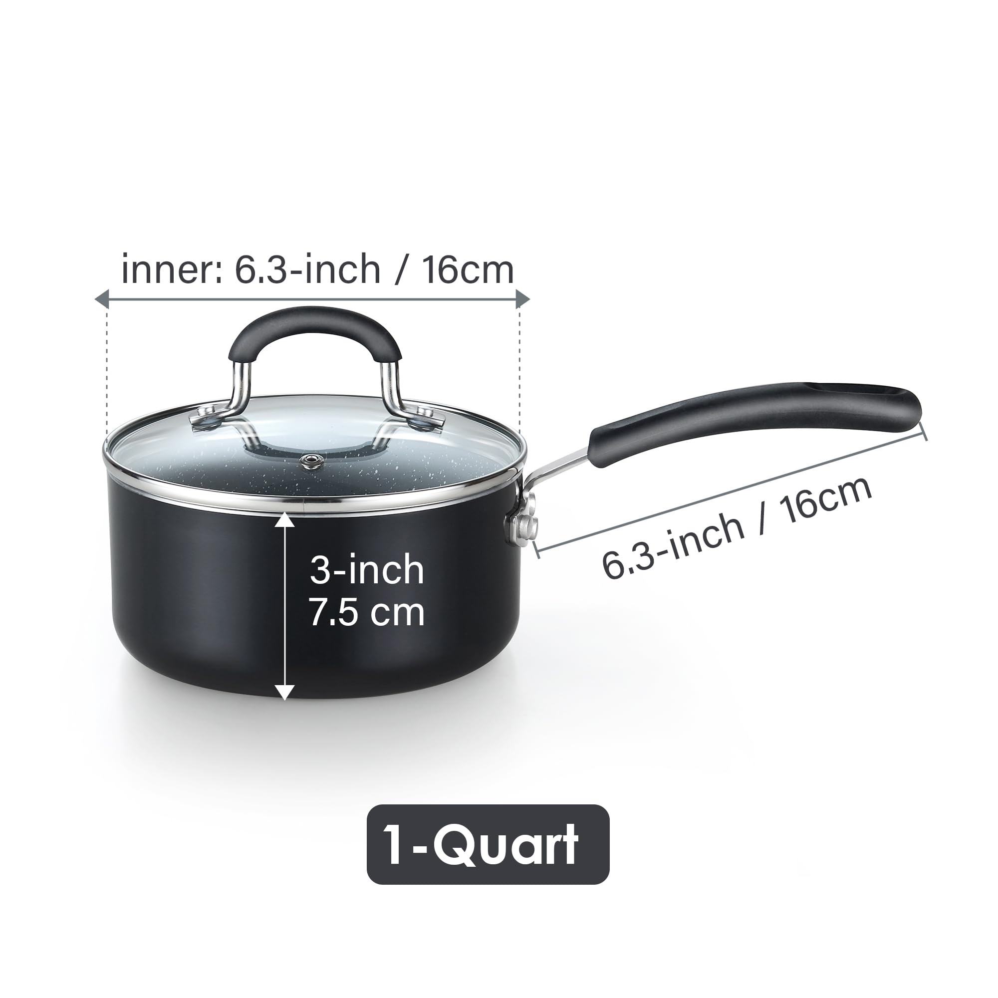 Cook N Home 1-Quart Nonstick Saucepan with Lid, Professional Granite Sauce Pan Non Stick Small Pots for Cooking with Stay-Cool Silicone Handle, Heavy Gauge Aluminum Induction Cookware, Marble