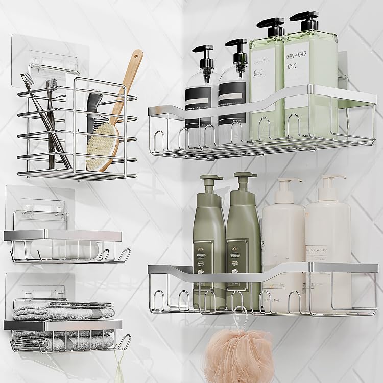 Clara Clark Shower Caddy Adhesive Shower Organizer, Shower Shelf Caddy for Bathroom Storage & Home Decor, Large Capacity Shower Rack Storage, Rustproof Shower Shelves, Stainless Steel Shower Caddies