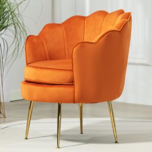 US Pride Furniture Velvet Barrel Chair, Stylish Accent with Scalloped Backrest and Gold Metal Legs, Suitable for Traditional, Modern, and Contemporary Living Rooms, Orange