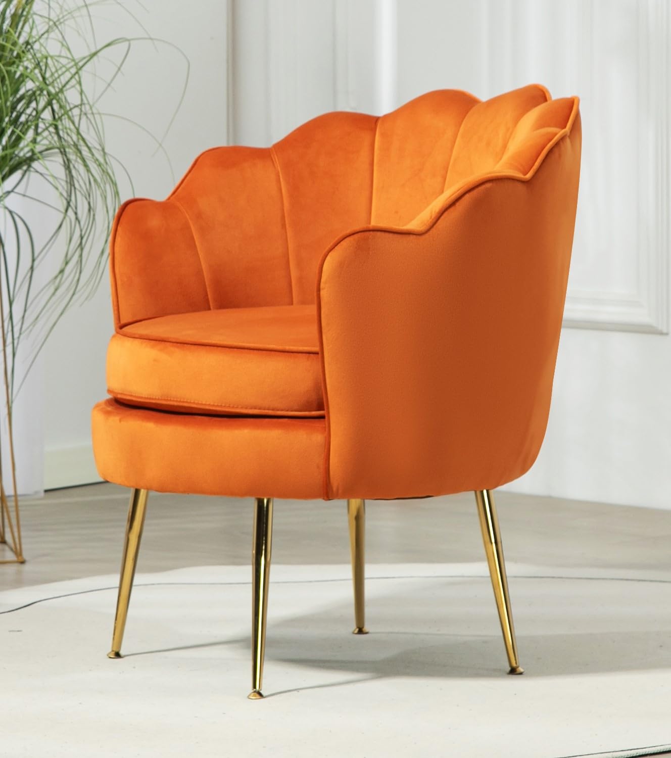 US Pride Furniture Velvet Barrel Chair, Stylish Accent with Scalloped Backrest and Gold Metal Legs, Suitable for Traditional, Modern, and Contemporary Living Rooms, Orange