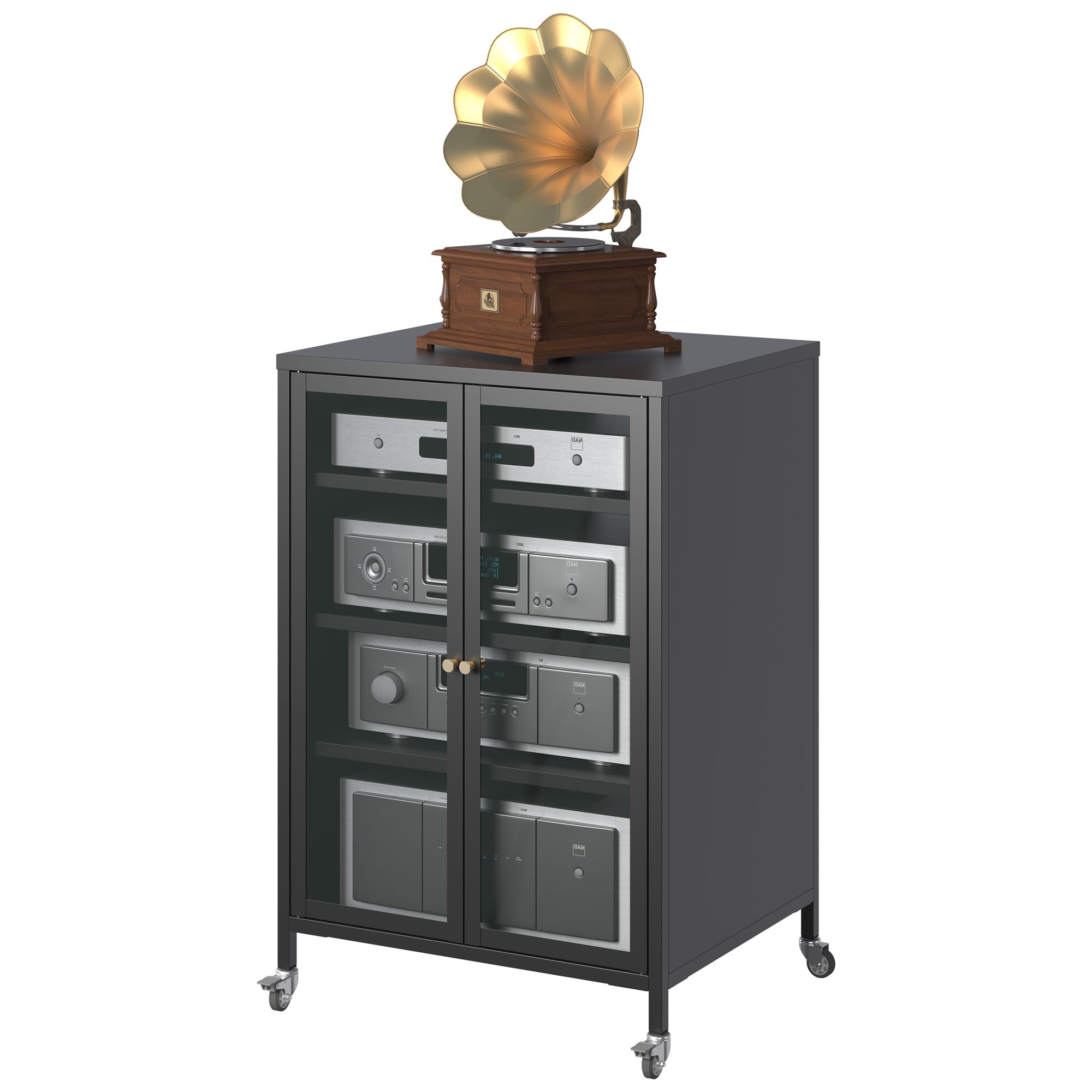 Media Storage Cabinet, 4-Tier Stereo Cabinet with Door, Audio Video Media Stand Cabinet, AV Cabinet with Wheels for Meeting, Living, Gaming,Recording Room