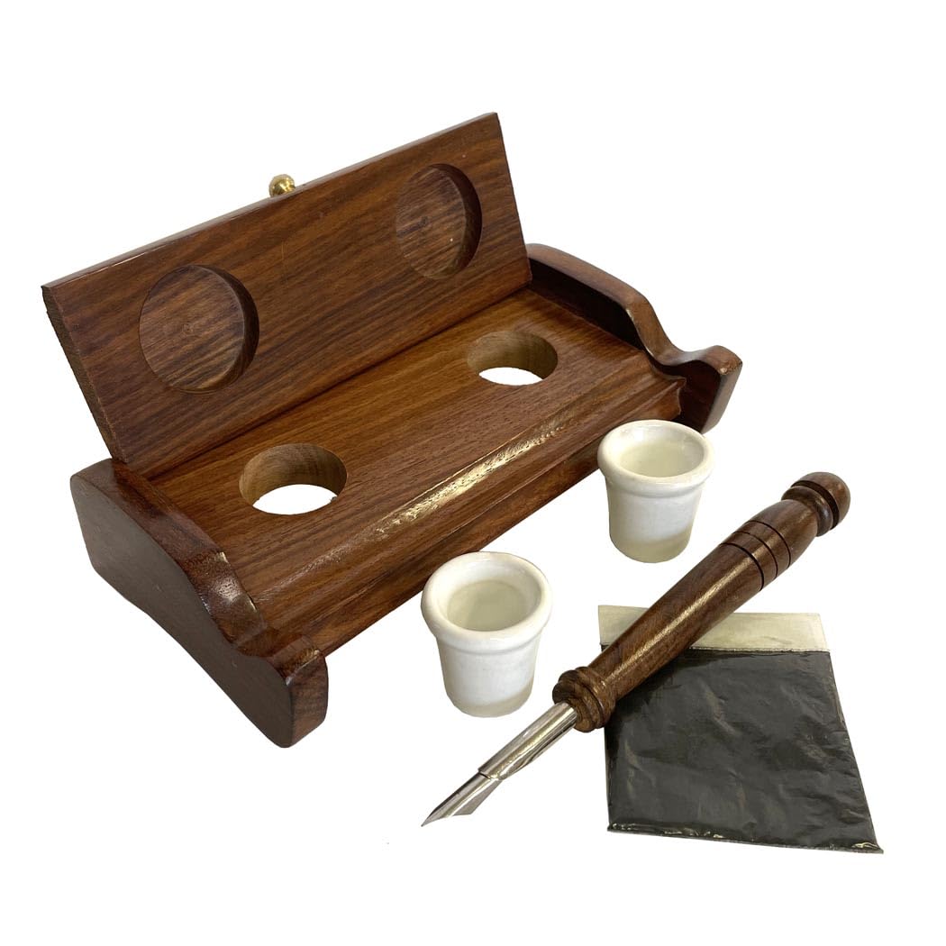 Schooner Bay Co. - 7" Wood Inkwell Stand with Clay Inkwells, Wood Nib Pen and Ink Powder, Acacia Wood