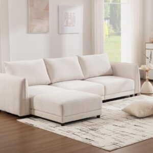 QIUKIU Convertible Sectional Sofa with Ottoman, Chenille L Shaped 3 Seat Modular Sectional Sofa Couch with Mobile Footsool, Modern Upholstered Sofa with Arm for Living Room, Apartment, Office, White