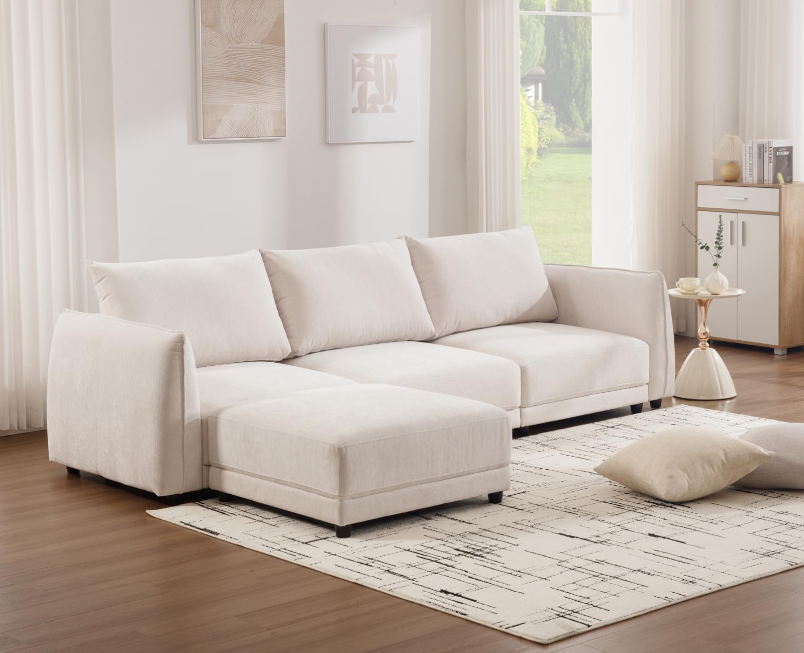 QIUKIU Convertible Sectional Sofa with Ottoman, Chenille L Shaped 3 Seat Modular Sectional Sofa Couch with Mobile Footsool, Modern Upholstered Sofa with Arm for Living Room, Apartment, Office, White