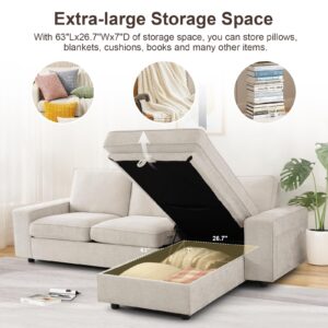 100" L Shaped Convertible Sectional Sofa Couch with Storage and Chaise,Modern Chenille Couches for Living Room,9.5" Square Armrests,Removable Cushion,USB and Type-c Charging(Beige)