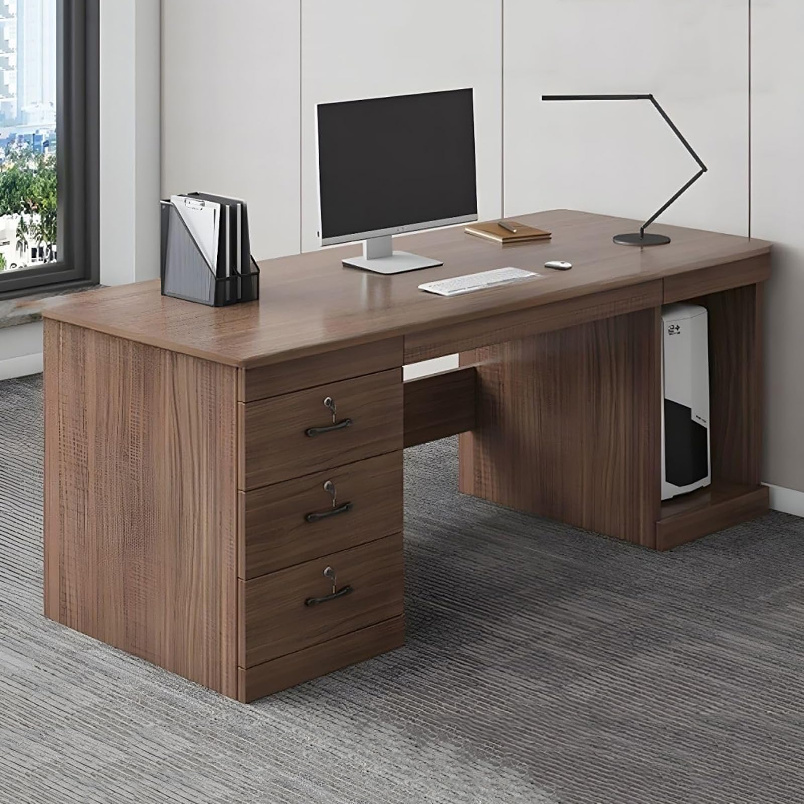 SUZEPER Wood Computer Desk with 3 Drawers,Modern Home Office Desk with Storage,Contemporary Executive Desk with Locking Drawer,Wood Writing Desk,pc Table Workstation(140x60x74.2cm(55x24x29inch), B)