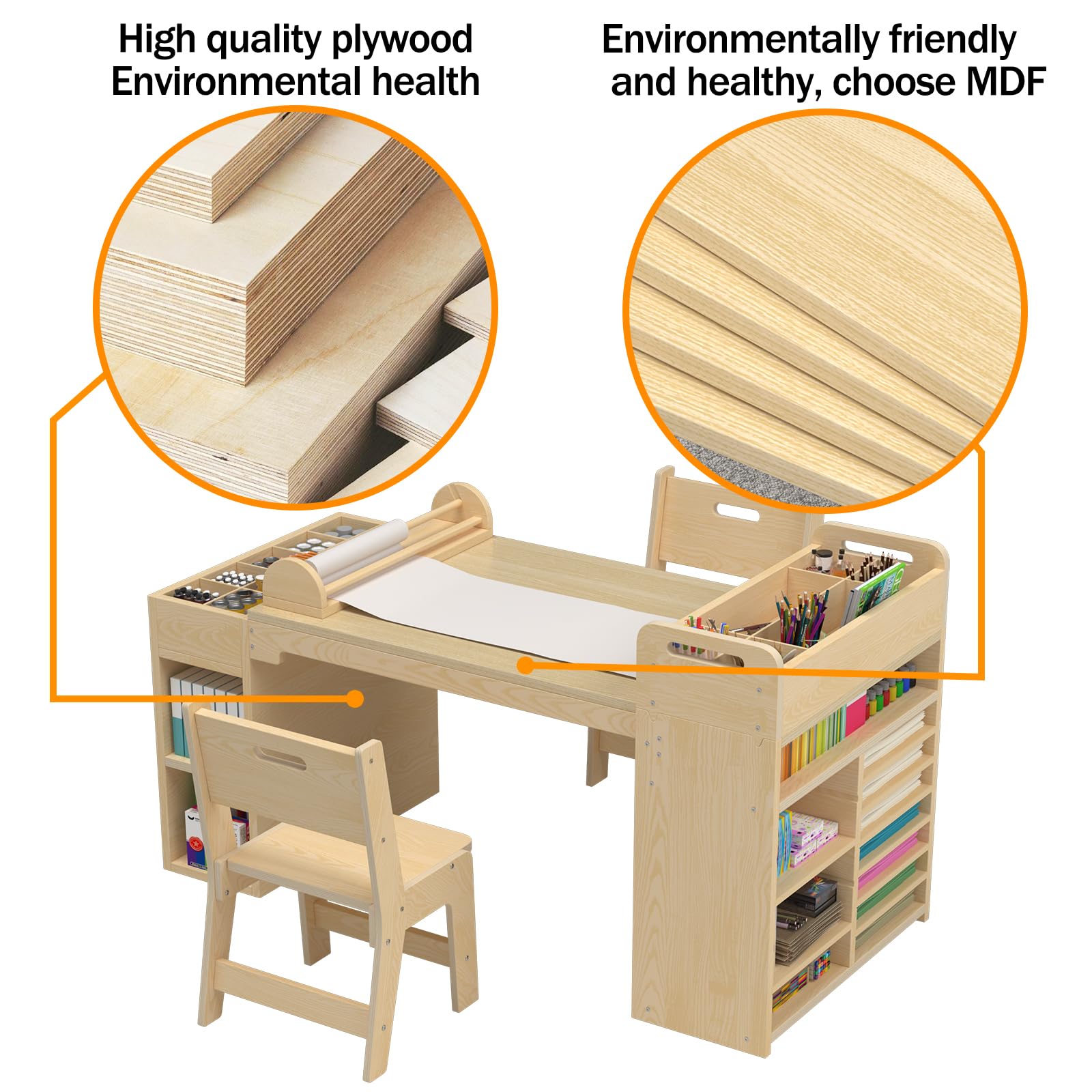 NKUGCFC 50.4inx 22.8in Kids Art Table and Chair Set with Paper Roll Dispenser,Kids Craft Table with Portable Art Supply Organizer for 4-12 Year Old,Drawing Table with Large Storage Desk for Kids