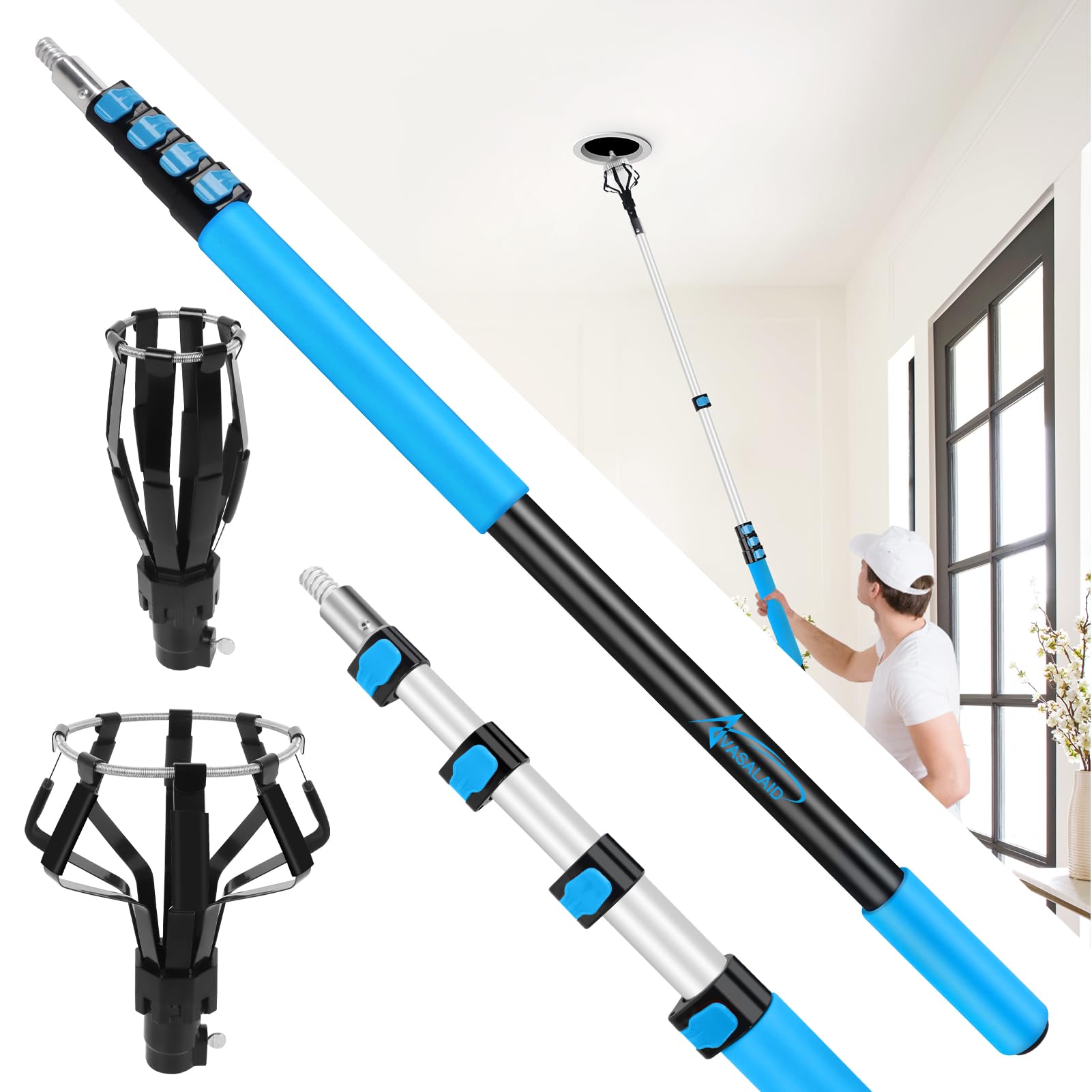 18FT Reach Light Bulb Changer for High Ceilings,12FT Telescopic Extension Pole for High Ceilings and Recessed Lights,High Reach Light Bulb Changer with Baskets and Suction Cup,Light Bulb Removal Tool