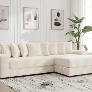 Sectional Sofa Couch,111"W Corduroy L Shaped Couch with Chaise, Comfy Sectional Sleeper Sofa with 8 Throw Pillows,Upholstered Cloud Couch,Modern Corner Sofa for Living Room,Office(Right Facing,Beige)