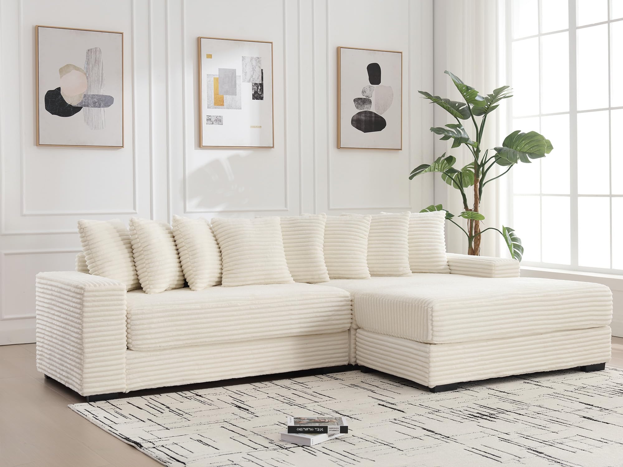 Sectional Sofa Couch,111"W Corduroy L Shaped Couch with Chaise, Comfy Sectional Sleeper Sofa with 8 Throw Pillows,Upholstered Cloud Couch,Modern Corner Sofa for Living Room,Office(Right Facing,Beige)