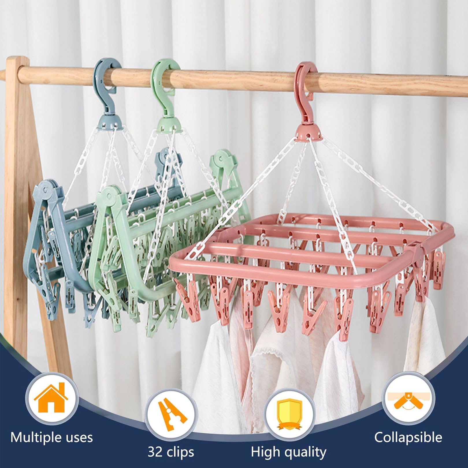 COFDDS Clothes Drying Hanger with 32 Clips and Drip Foldable Hanging Rack,Plastic Hanging Drying Rack for Clothes Underwear Socks (Blue)