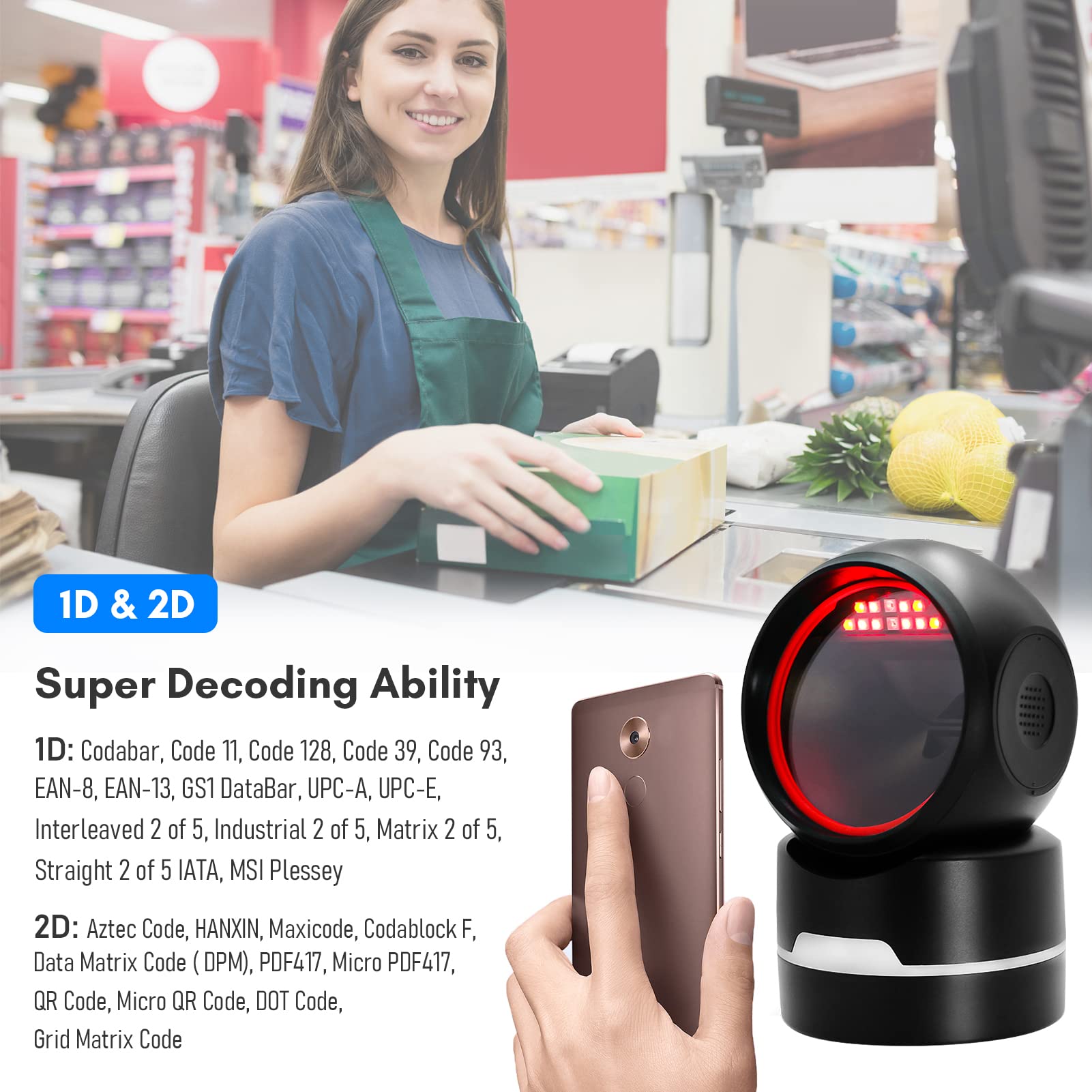 1D 2D QR Desk Wired Barcode Scanner Platform Hands-Free Automatic Sense Reader USB Port Plug&Play Compatible with Window Android System Image CMOS Sensor Suitable for Supermarket Retail