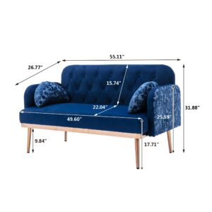 Modern Velvet Loveseat Sofa, Comfy Upholstered 2-Seater Sofa with Gold Metal Legs, Small Loveseat Accent Couch for Living Bedroom Leisure Areas (Navy+Velvet)