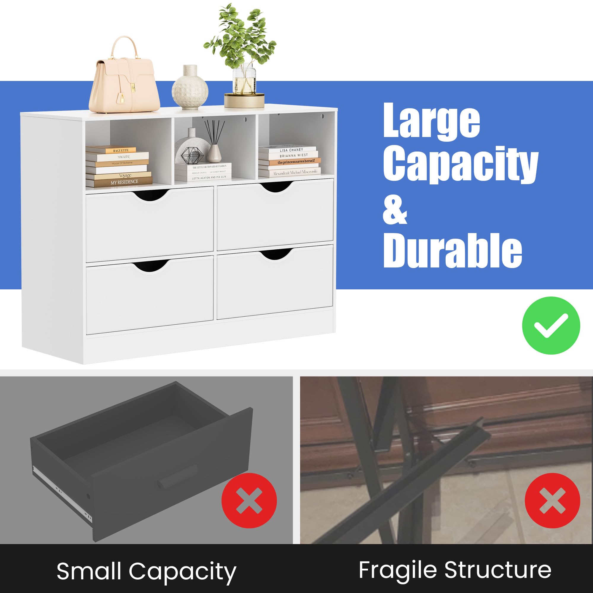 Housoul 4 Drawers Dresser with Open Cube, Chest of Drawers, Dresser for Bedroom, Fabric PU Drawer Dresser, White Dresser with Large Organizer, Closet Dresser with 4 Drawers, White