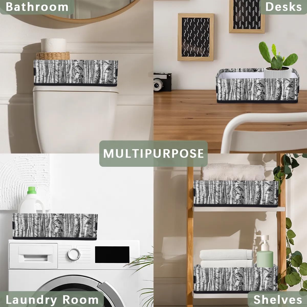 Birch Trees Bathroom Basket Small Storage Bin Fabric Toilet Paper Basket Foldable Organizer Grey Black Baskets for Bathroom Countertop Decor, 2 Pack