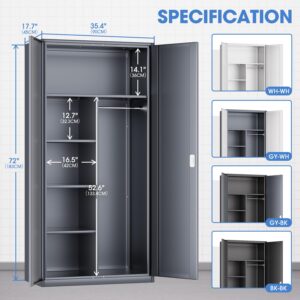 DNA MOTORING Metal Storage Cabinet, 72" Storage Wardrobe with Lock and Hanging Rod, Locking Cabinet Heavy Duty Utility Cabinet with 4 Shelves for Garage,Office,Home,Gym, Gray, TOOLS-00633-GY-GY