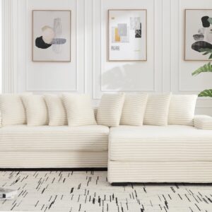 Sectional Sofa Couch,111"W Corduroy L Shaped Couch with Chaise, Comfy Sectional Sleeper Sofa with 8 Throw Pillows,Upholstered Cloud Couch,Modern Corner Sofa for Living Room,Office(Right Facing,Beige)