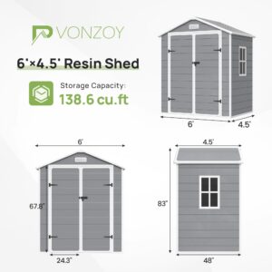 VONZOY Outdoor Resin Storage Shed, 6x4.5FT Plastic Storage Sheds with Floor, Lockable Door, Window, Waterproof Tool Sheds & Outdoor Storage Outside for Bike, Garbage Can,Garden, Grey White