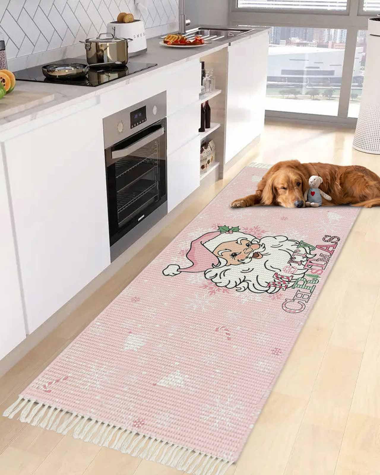 Runner Rug for Hallway 2x6ft, Merry Christmas Cute Pink Santa Washable Runner Rugs with Tassels Woven Floor Carpet Runners for Hallways Kitchen Laundry Entryway