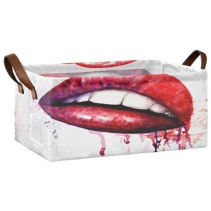 exnundod watercolor red lips storage bins unique attractive funny stroage basket with metal frames collapsible storage bin with handles organizing closet blanket toys, 1pc