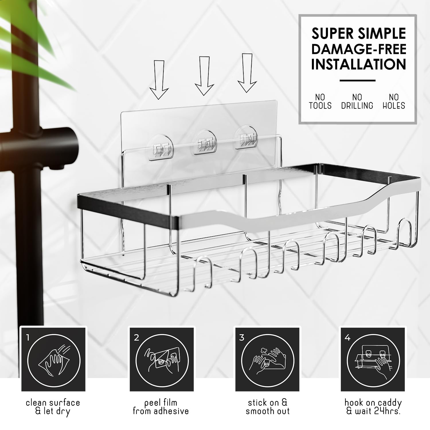 Clara Clark Shower Caddy Adhesive Shower Organizer, Shower Shelf Caddy for Bathroom Storage & Home Decor, Large Capacity Shower Rack Storage, Rustproof Shower Shelves, Stainless Steel Shower Caddies