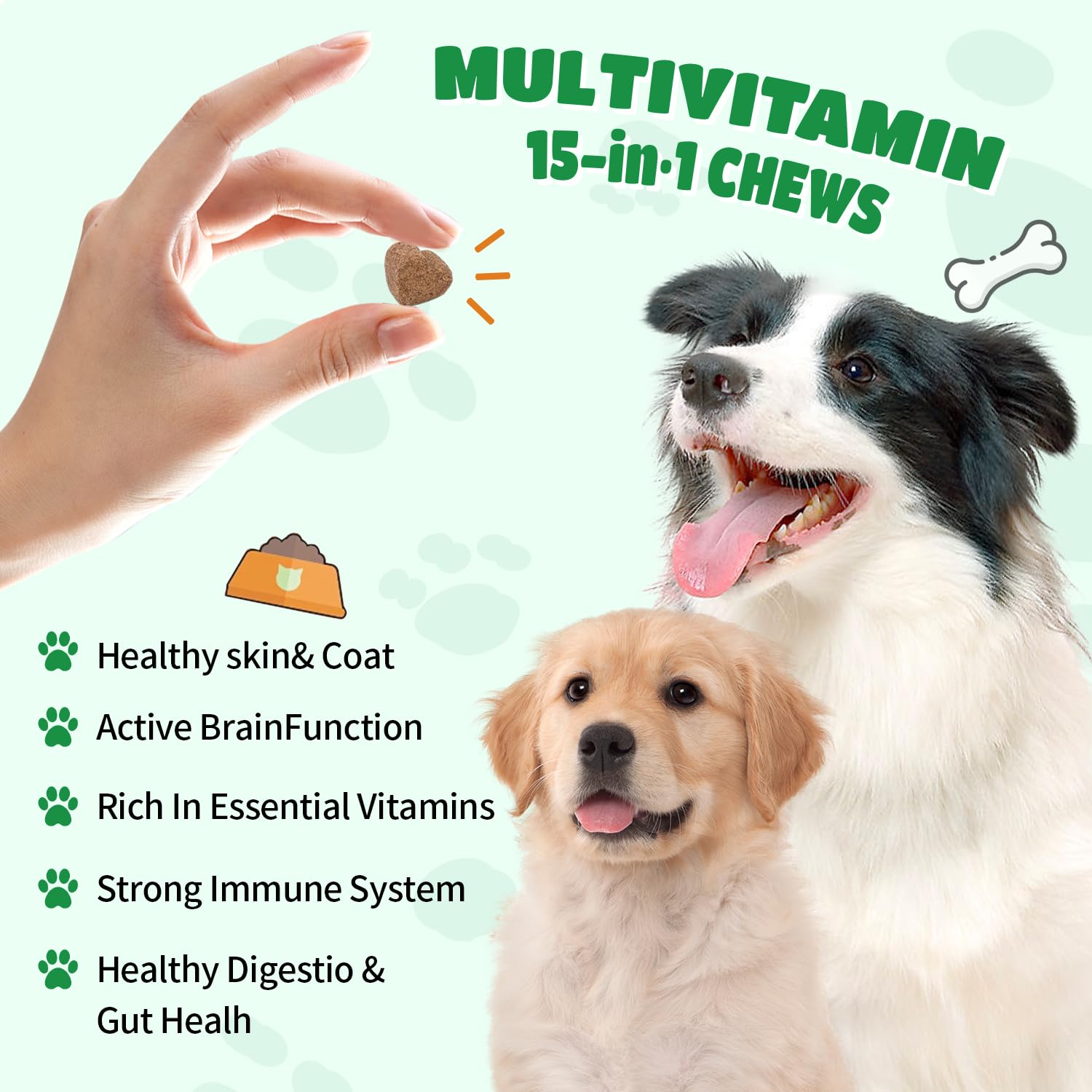 Multivitamin Chews for Dog Supplement-Dog Multivitamin Treats with Glucosamine chondroitin Probiotics Omega Fish Oil Improved Digestion Antioxidants Support Skin Hip Joint with Healthy Immune System