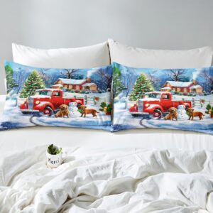 Red Truck Duvet Cover Queen Size,Snowman Dog Comforter Cover with 2 Pillowcase for Teens Adults,Kids Christmas Tree Bedding Set,Xmas Theme Breathable 3 Pcs Decorative Bed Cover(No Comforter)