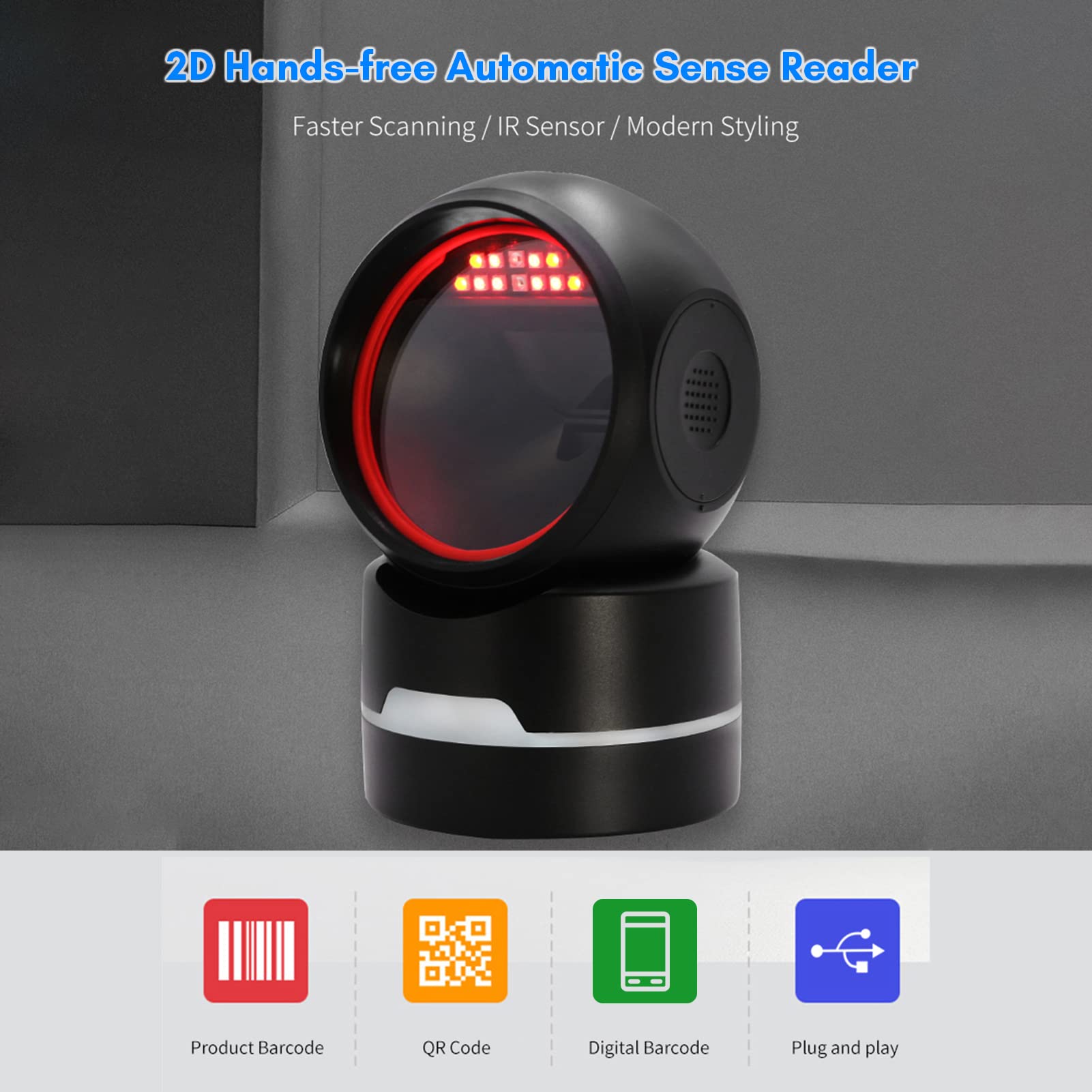 1D 2D QR Desk Wired Barcode Scanner Platform Hands-Free Automatic Sense Reader USB Port Plug&Play Compatible with Window Android System Image CMOS Sensor Suitable for Supermarket Retail