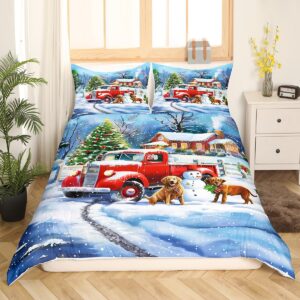 Red Truck Duvet Cover Queen Size,Snowman Dog Comforter Cover with 2 Pillowcase for Teens Adults,Kids Christmas Tree Bedding Set,Xmas Theme Breathable 3 Pcs Decorative Bed Cover(No Comforter)