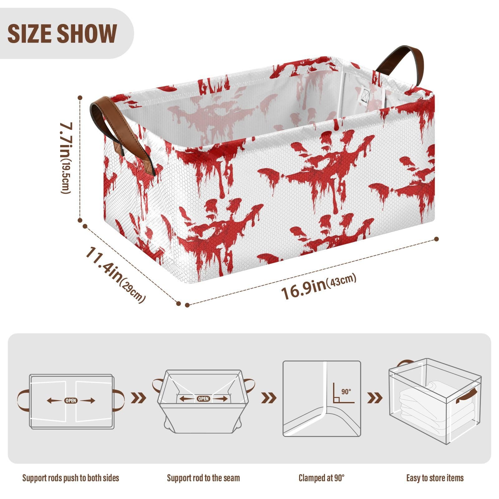 Exnundod Bloody Handprint Horror Storage Bins Spooky Halloween Stroage Basket with Metal Frames Collapsible Storage Bin with Handles Organizing Closet Blanket Toys, 1PC